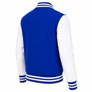 เสื้อแจ็คเก็ตวาร์ซิตี้สีน้ำเงินขาวสำหรับผู้ชาย ทรงปกติ คอตั้ง ติดกระดุมแบบสแนป สไตล์เพรปปี้ สีพื้น แขนเสื้อตัดสี ระบายอากาศได้ดี - Product Image 4