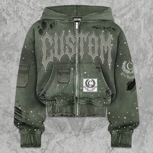 Custom Embroidered Hoodie Mens Massive 450gsm Green <b>Jumper</b> Gothic Lettering Full Zip up Studded Distressed Boxy Fit <b>Pullover</b> - Product Image 1