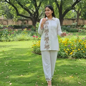 Women's <b>White</b> Embroidered Cotton Linen Co Ord <b>Set</b> Shirt Collar Three Quarter Sleeve Straight Pants Regular Fit Elegant Outfit - Product Image 2