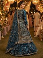 Lehenga Choli brodé bleu avec ensemble de bijoux dorés, col en V, longueur standard, tenue indo-occidentale pour marié