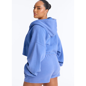 Conjunto de Chaqueta Corta con Capucha y Cremallera de Forro Polar Azul para Mujer, Novedad, Casual, Primavera Verano, Ropa de Descanso, Estilo Urbano Sólido - Product Image 6