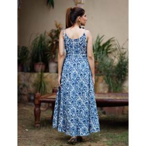 Robe en coton bleu à imprimé floral, col en V, en mousseline respirante, coupe trapèze avec taille naturelle, taille XS - Product Image 3