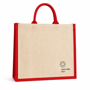 Sac fourre-tout en jute écologique, petit format, avec bordure rouge, imprimé « Good Vibes Only », poignée supérieure, idéal pour les courses au supermarché - Product Image 1