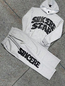 NEW Men's Letter Print <b>Hooded</b> <b>Zip</b> Sweatshirt And Drawstring Sweatpants Set - Product Image 3