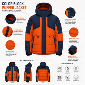 Chaqueta Acolchada Gruesa con Capucha para Hombre, Diseño Color Block, Cortavientos, Deportiva, Invierno, Corte Regular, Naranja y Azul Marino, Cierre de Cremallera, Bordado - Product Image 5