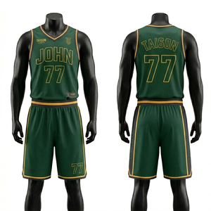 Uniforme de Baloncesto para Hombre, 180 GSM, Malla de Poliéster Transpirable, Verde y Dorado, Panel Lateral en Contraste, Sublimación, Conjunto de Jersey con Logotipo Personalizado - Product Image 1
