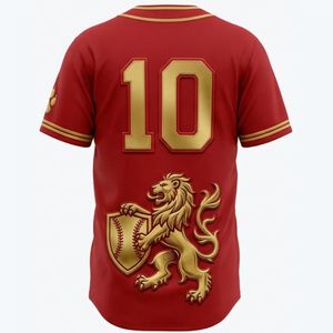 Premium Quality Lions Baseball Jersey Men's <b>Red</b> Gold Embroidered Team Name Short Sleeve Mesh Breathable Button Front Apparels - Product Image 3