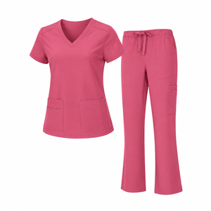 Ensemble de tenue médicale bordeaux pour femme : Haut à col en V et manches courtes avec poches, pantalon à cordon de serrage – Uniforme d'infirmière pour hôpital et clinique, tenue professionnelle unie - Product Image 3