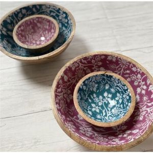 Juego de 2 Tazones de Madera Esmaltados, Aptos para Alimentos, Decorativos para Ensaladas y Bocadillos, Redondos, Pintados a Mano, Artesanía en Madera Esmaltada - Product Image 1
