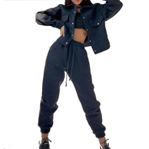 Ensemble de survêtement léger en coton rose uni pour femme, 2 pièces, veste décontractée à manches longues boutonnée et pantalon à cordon de serrage, coupe ample, automne - Product Image 6