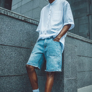 Shorts en jean pour hommes, style streetwear, coupe ample, taille haute à boutons, pour l'été et le printemps - Product Image 1
