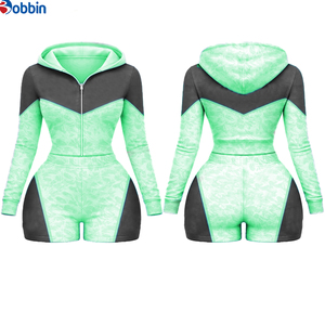 <b>Top</b> Trending Hot Selling Women's Hooded Color Block 2Pcs Short Set Sporty Zipper Knitted Spandex Polyester Spring Summer Workout - Product Image 3