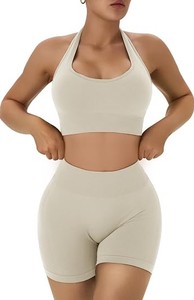 Ensemble 2 pièces : Soutien-gorge de sport dos nu et short taille haute froncé, sans couture, couleur unie, pour le yoga et l'entraînement - Product Image 3