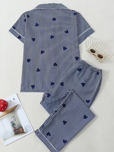 Women Striped Heart Print Cotton Pajama Set Short Sleeve Turn-down Collar Full Length Casual Summer Sleepwear 2 Piece - Product Image 2
