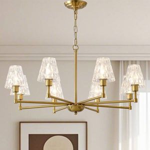 Metà del secolo 8-luce lampadario pendente in oro moderno impianto colonico per soggiorno o camera da letto in vetro e metallo Design - Product Image 1