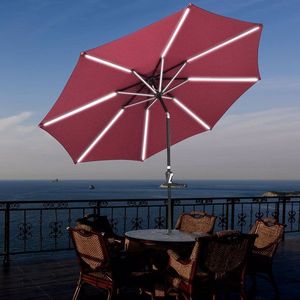 8 Rib 9 FT Outdoor Solar LED Table Umbrella Aluminum Frame Patio Umbrella with LED Strip Lights Hub No Shipment - Product Image 1