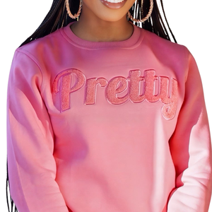 Sudadera AKA de Chenilla Rosa Sólido para Mujer, con Bordado de Letras Griegas, Cuello Redondo, Prenda Premium - Product Image 6