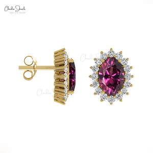 Boucles d'oreilles clous minimalistes en or massif 14 carats avec grenat rhodolite et diamants 0,22 CTW, pierre de naissance de janvier, bijoux fins, vente chaude - Product Image 3