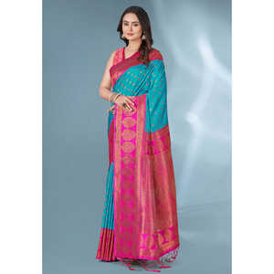 Sari de Seda Paithani con Lunares Azules y Bordado Zari en Contraste, Blusa sin Costuras para Mujer Incluida - Product Image 5