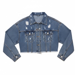 Custom Logo Cropped Denim <b>Jacket</b> <b>Women</b> Raw Hem Distressed Vintage Blue Wash <b>Crop</b> <b>Jean</b> <b>Jacket</b> Wholesale Streetwear - Product Image 4