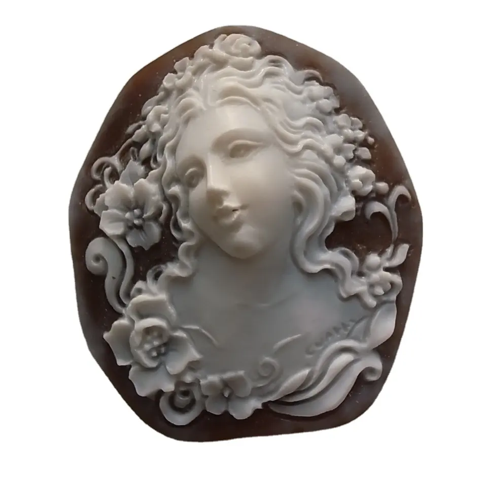 Flora dengan Bunga Mawar Sardonyx Cangkang Laut Cameo dari Torre Del Greco Italia Alami Potongan Bebas Casco Cameo 50Mm