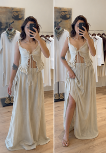 Elegant Cream Beige <b>Boho</b> Maxi <b>Dress</b> Set for Women, Luxury Ruffle Tie Front Resort Wear Outfit for <b>Summer</b> - Product Image 2