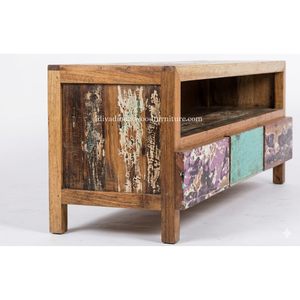 Sustainable Reclaimed Boat Wood TV Cabinet 3 Drawer Outside Handle Solid Wood Rustic Recycled Timber Unit Media <b>Stand</b> TV - Product Image 4