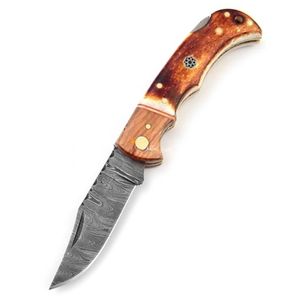 Cuchillos Plegables Tradicionales Hechos a Mano con Hoja de Acero con Patrón de Damasco, Empuñadura Ergonómica Curva, Herramienta de Bolsillo Compacta para Caza y Camping - Product Image 1