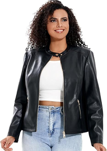 Veste moto en cuir PU pour femme, manches longues, fermeture éclair, couleur unie, col montant, style automne, longueur normale - Product Image 3