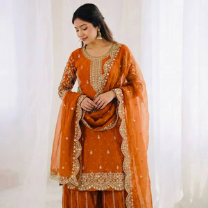 Conjunto de Traje Palazzo Bordado para Mujer con Lentejuelas y Dupatta de Seda - Product Image 1