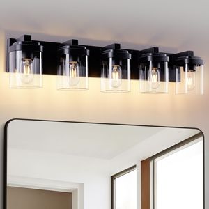 5-<b>Light</b> Bathroom <b>Vanity</b> <b>Light</b> in Matte Black with Clear Glass Shades Nickel Finish - Product Image 1