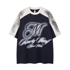 Camiseta Vintage Colorblock Raglan para <span class=keywords><strong>Hombre</strong></span>, Algodón Grueso de Alta Calidad, Gráfico de Letras con Pedrería, Corte Holgado - Product Image 4