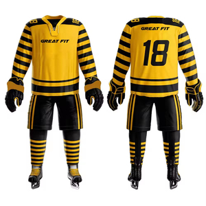Tenues de hockey sur glace unisexes personnalisées de haute qualité, très demandées, 100 % polyester, avec nom d'équipe OEM sur les pantalons, manches courtes - Product Image 1