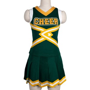 Trending OEM Green Yellow White Cheerleading Uniform <b>Skirt</b> Style With Cross Straps For Adults In Stock Printed Design Front Logo - Product Image 1