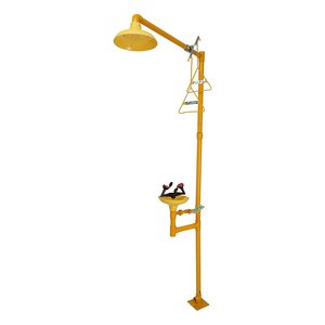 Estación de Lavaojos y Ducha de Emergencia Industrial Amarilla con Válvula de Operación Manual, Diseño Resistente para Exteriores - Product Image 1