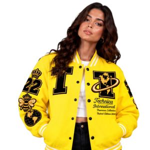 Womens Bright <b>Yellow</b> Varsity <b>Jacket</b> Embroidered Patch Baseball Bomber Coat Long Sleeve Streetwear College Style Casual Outerwear - Product Image 1
