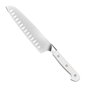 Couteaux de cuisine Santoku blancs à trois rivets avec lame ovale alvéolée argentée pour trancher les aubergines, hacher les légumes et couper en dés - Product Image 1