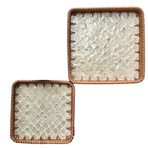 Handmade Blue & Green Mother Of Pearl Inlay Serving Tray For Coffee Table Ottoman Decorative Square Wood Shell Tray With <b>Handles</b> - Product Image 2