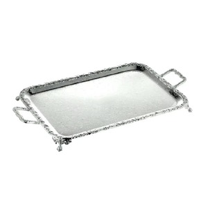 Traditional Design Metal Handicraft Single-Piece Package Rectangular Silver Decorative Tray with Ornate Edge and Handles - Product Image 2