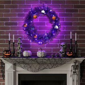 Ghirlanda Natalizia a Tema Halloween Pre-Illuminata da 24 Pollici, 50 Luci Viola e Arancioni, Ghirlanda Artificiale Illuminata per Porta d'Ingresso, 100 Punte in PVC - Product Image 5