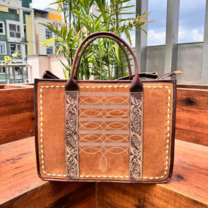 New 2025 Handcrafted Cowhide Suede Leather Tote Bags & Floral Hand Tooled Eyeglass Case Combo Trendy Fashion Accessories Sets - Product Image 2