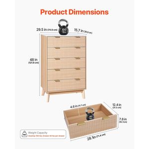 Cassettiera Moderna Minimalista a 5 Cassetti in Legno con Dispositivo Antiribaltamento Scorrevole, Soluzione di Archiviazione per Armadio - Product Image 3