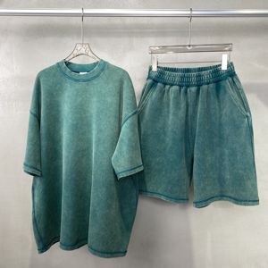 Nouvel ensemble d'été en ligne : T-shirt oversize en coton 400g teint à la cire, effet vintage délavé, col rond, manches courtes et short pour homme, unisexe - Product Image 1