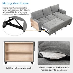 Elegante e Funzionale Divano Letto Sezionale con Chaise Longue, Scaffale Portaoggetti, Tavolino Estraibile, Tavolo Ribaltabile e Caricatore USB - Product Image 3