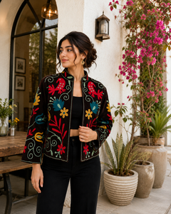 Custom Luxury Handmade Embroidery Velvet Bomber Jacket: Stand Collar <b>Needlework</b> Women’s Casual Wear with Cotton Lining & Pockets - Product Image 4