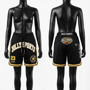 Shorts de basket-ball pour femmes en mesh polyester respirant 180 GSM premium, marron et noir, avec logo brodé sur les côtés. - Product Image 2