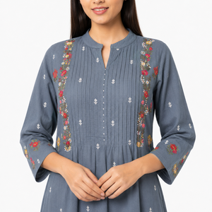 Blue Floral Embroidered Linen Maxi Dress Women V-neck Tunic Dress <b>Wedding</b> Party All Seasons - Product Image 4