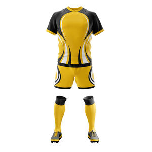 Conjunto de Ropa Deportiva de Rugby Sublimada en Amarillo y Negro, Unisex, OEM ODM, Absorbente de Humedad, 100% Poliéster, Uniforme de Manga Larga con Cuello Redondo - Product Image 1