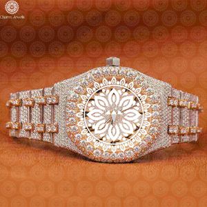Montre de luxe pour homme en acier inoxydable Charm Jewells, boîtier incrusté de diamants en or rose, mouvement mécanique analogique, cadran de 40 mm, bouton poussoir - Product Image 1