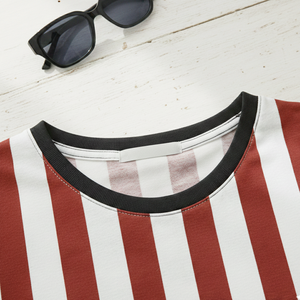 เสื้อยืดลายทางสีขาวแดงสำหรับผู้หญิง แขนสั้น คอกลม แบบริบ ขายส่ง - Product Image 5